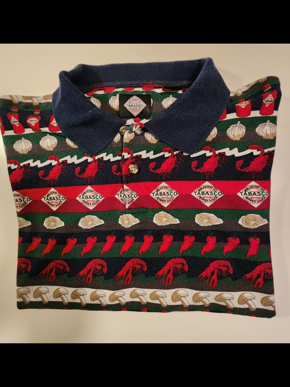 Vintage Tabasco Novelty Polo with Navy Collar and Red, Green, Black Pattern